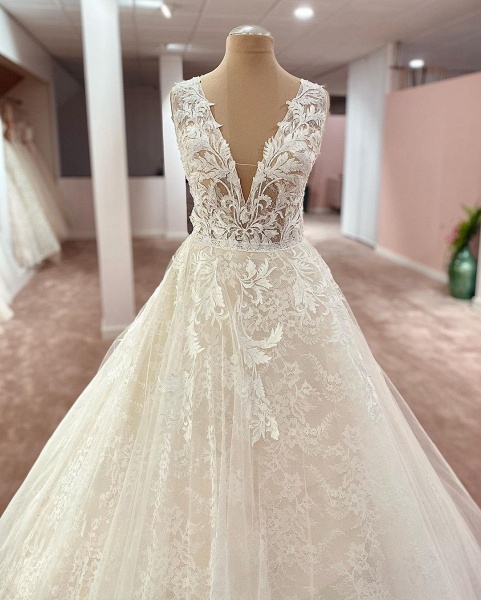 Modest Deep V-neck Wide Straps Appliques Lace Tulle A-Line Floor-length Wedding Dress_2