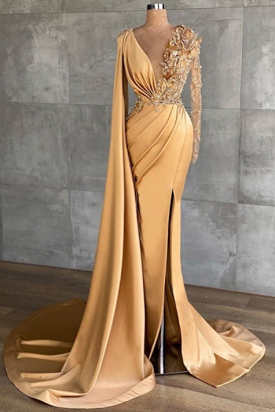 Elegant Mermaid Long sleeves V-neck Side Slit Prom Dress with Shawl_1