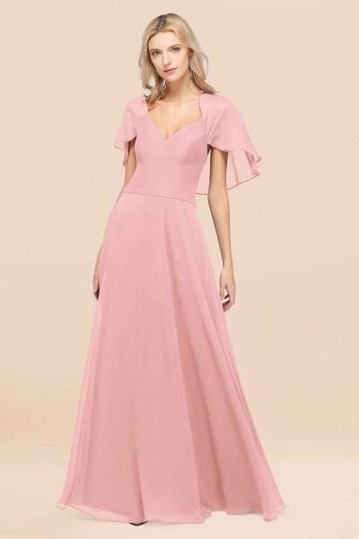 A-Line aus Chiffon, Satin mit V-Ausschnitt, kurzen Ärmeln, bodenlangen Kleid für Brautjungfer_4