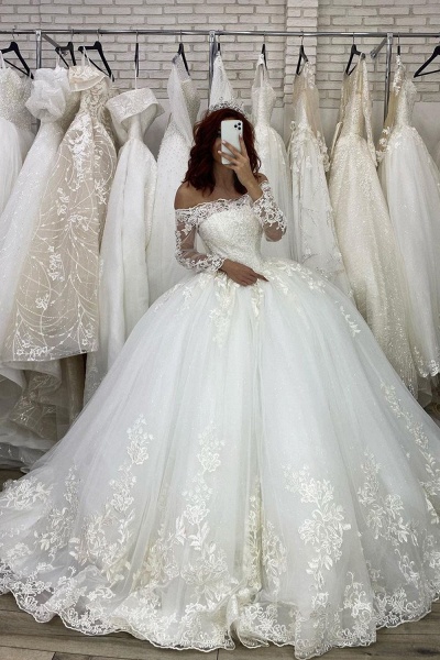 BC5613 Off The Shoulder Long Sleeve Illusion Ball Gown Wedding Dress_2