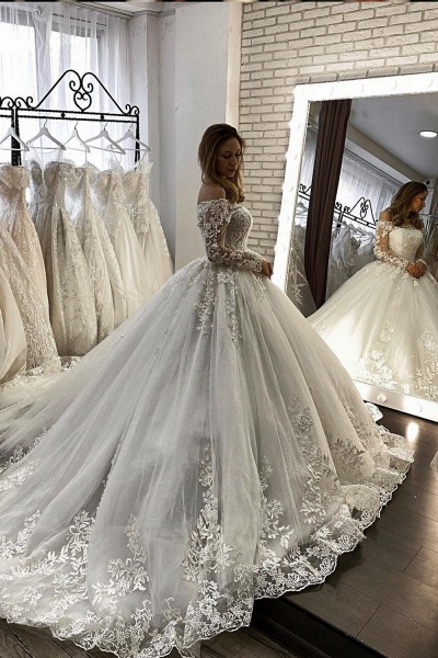 BC5613 Off The Shoulder Long Sleeve Illusion Ball Gown Wedding Dress_1