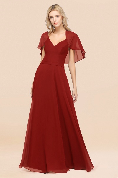 A-Line aus Chiffon, Satin mit V-Ausschnitt, kurzen Ärmeln, bodenlangen Kleid für Brautjungfer_48
