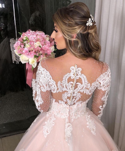 Long Sleeves Princess Off-the-shoulder Tulle Floral Lace Appliques Wedding Dress_2