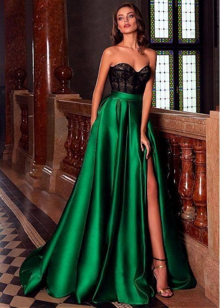 Sweetheart Satin A-Line Floor-length Ruffles Split Prom Dress With Pockets_1