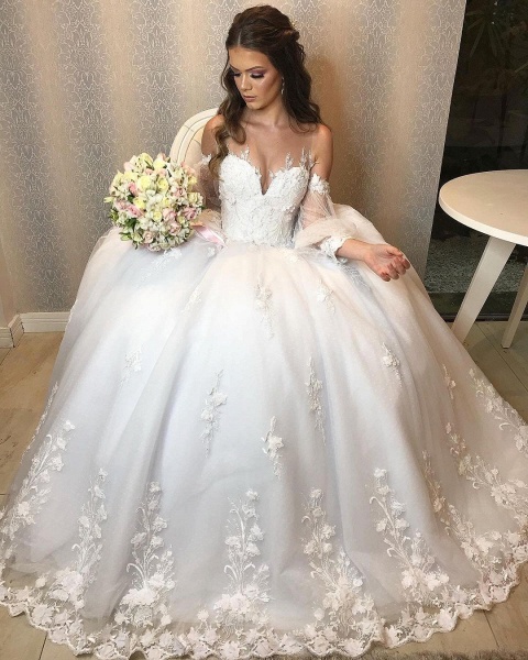 Elegant Long Princess Off-the-shoulder Tulle Wedding Dress with Bubble Sleeves_8