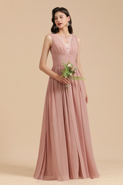 BM2006 Elegant A-line Straps Dusty Rose Lace Tulle Long Bridesmaid Dress_4
