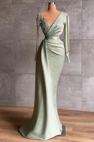 Simple Deep V-neck Long Sleeve Pearl Floor-length Ruffles Mermaid Prom Dress_1