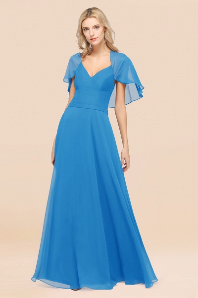 A-Line aus Chiffon, Satin mit V-Ausschnitt, kurzen Ärmeln, bodenlangen Kleid für Brautjungfer_25