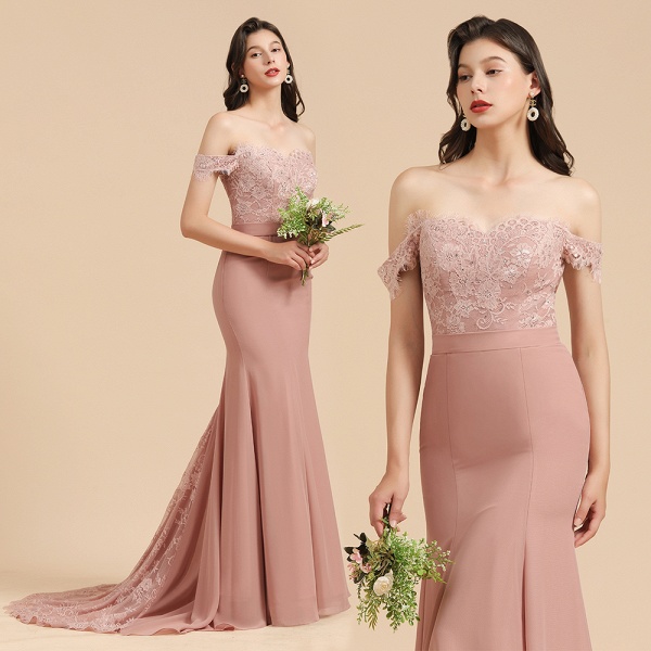 Dusty Rose Mermaid Off The Shoulder Lace Bridesmaid Dress_10