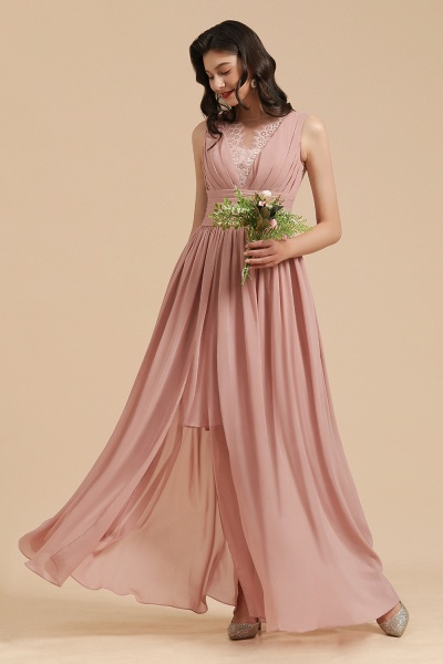 BM2006 Elegant A-line Straps Dusty Rose Lace Tulle Long Bridesmaid Dress_8