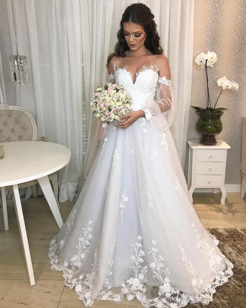 Elegant Long Princess Off-the-shoulder Tulle Wedding Dress with Bubble Sleeves_2
