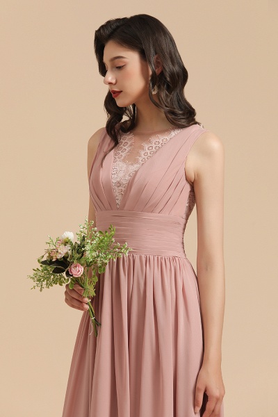 BM2006 Elegant A-line Straps Dusty Rose Lace Tulle Long Bridesmaid Dress_9