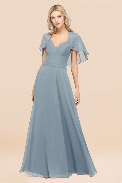 A-Line aus Chiffon, Satin mit V-Ausschnitt, kurzen Ärmeln, bodenlangen Kleid für Brautjungfer_40