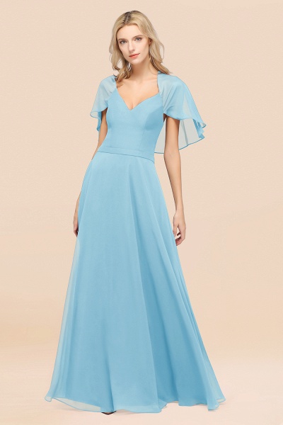 A-Line aus Chiffon, Satin mit V-Ausschnitt, kurzen Ärmeln, bodenlangen Kleid für Brautjungfer_23