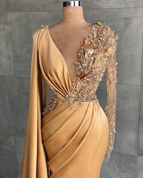 Elegant Mermaid Long sleeves V-neck Side Slit Prom Dress with Shawl_2