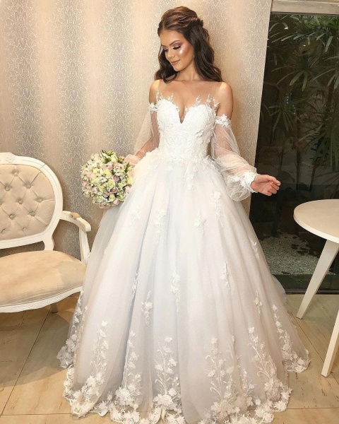 Elegant Long Princess Off-the-shoulder Tulle Wedding Dress with Bubble Sleeves_3