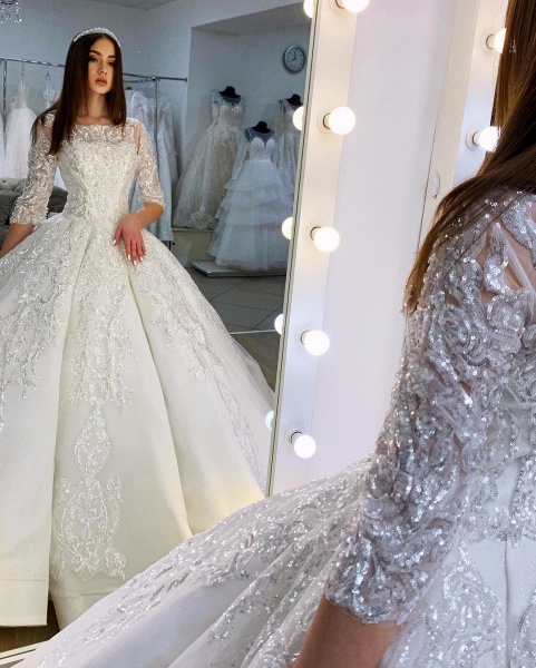 Gorgeous Bateau Long Sleeve Appliques Lace Floor-length Satin Princess Wedding Dress_3