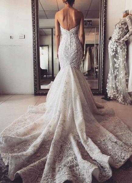 Beautiful Sweetheart Backless Appliques Lace Floor-length Church Mermaid Wedding Dress_5