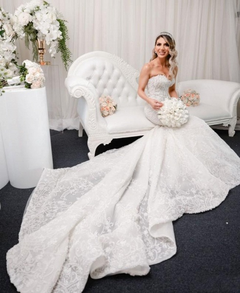 Beautiful Sweetheart Backless Appliques Lace Floor-length Church Mermaid Wedding Dress_2