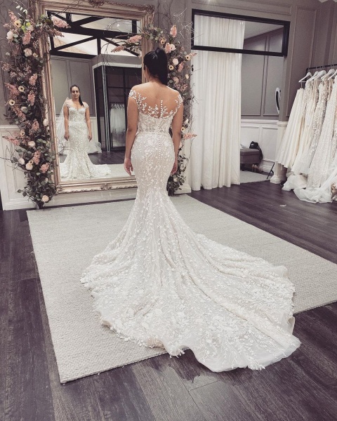 Elegant Off-the-Shoulder Appliques Lace Backless Floor-length Mermaid Wedding Dress_5