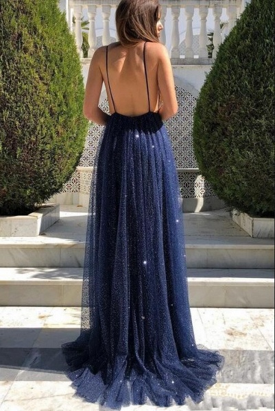 Sexy Spaghetti Straps Deep V-neck Open Back A-line Sequins Tulle Prom Dress_2