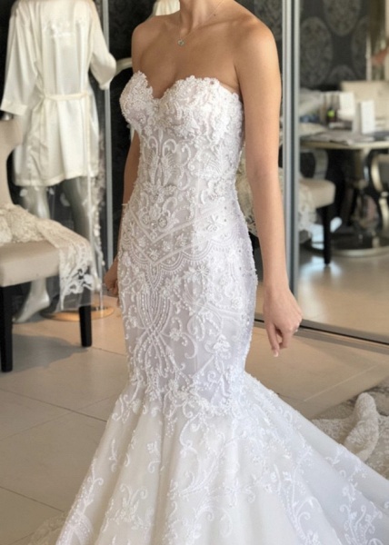 Beautiful Sweetheart Backless Appliques Lace Floor-length Church Mermaid Wedding Dress_4