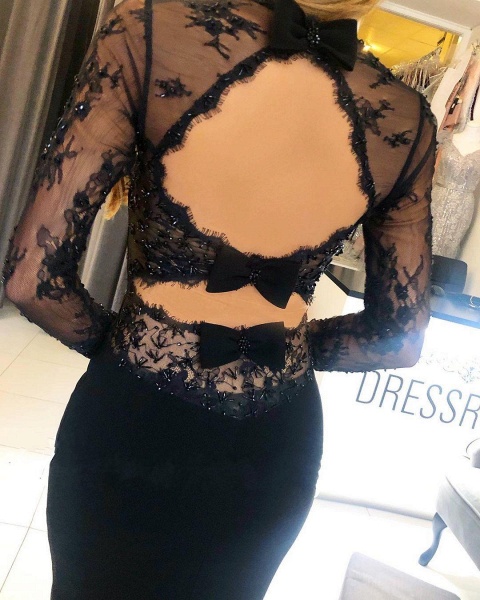 Classy Black Square Neckline Long Sleeve Appliques Lace Backless Mermaid Prom Dress_4