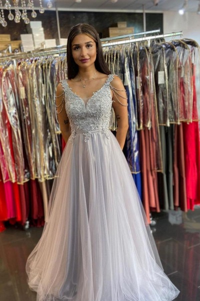 Elegant Sweetheart Spaghetti Straps A-line Appliques Lace Beading Tulle Backless Prom Dress_1