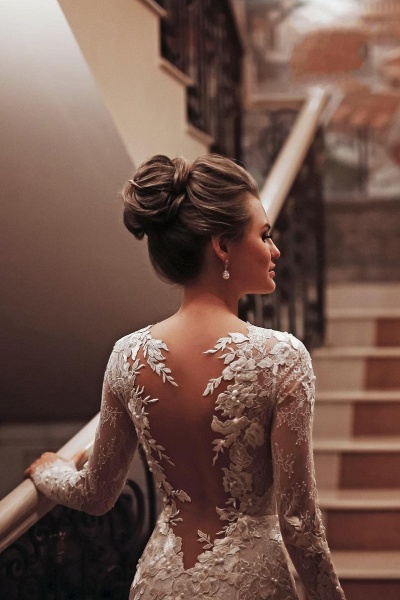 Unique Long Sleeve High Neck Appliques Lace Backless Mermaid Wedding Dress_4
