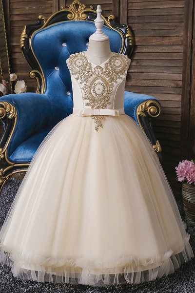 FS9975 Appliques Scoop Tea Length Flower Girl Dress_4