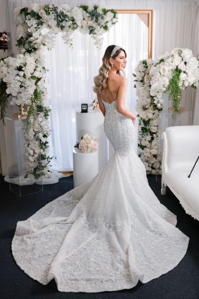 Beautiful Sweetheart Backless Appliques Lace Floor-length Church Mermaid Wedding Dress_3