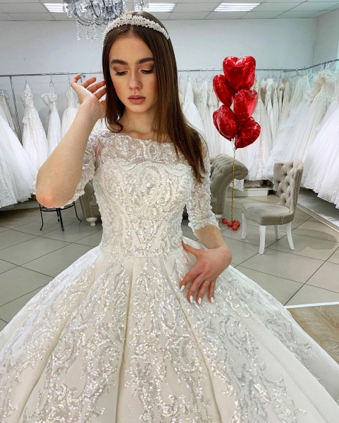 Gorgeous Bateau Long Sleeve Appliques Lace Floor-length Satin Princess Wedding Dress_4