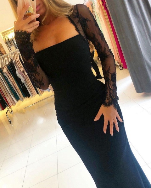 Classy Black Square Neckline Long Sleeve Appliques Lace Backless Mermaid Prom Dress_2