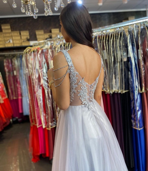 Elegant Sweetheart Spaghetti Straps A-line Appliques Lace Beading Tulle Backless Prom Dress_3