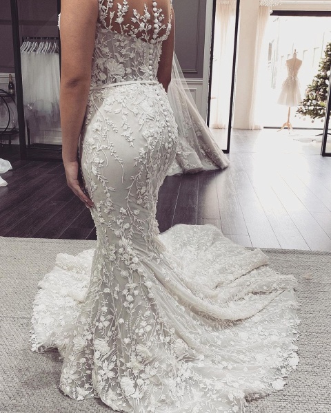 Elegant Off-the-Shoulder Appliques Lace Backless Floor-length Mermaid Wedding Dress_2
