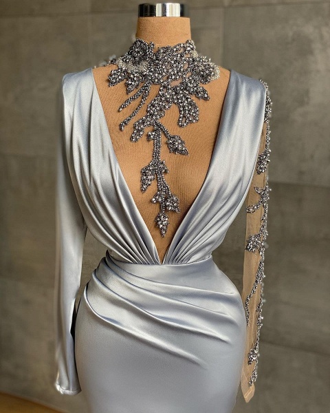 Simple Deep V-neck Long Sleeve Beading Ruffles Mermaid Prom Dress_2