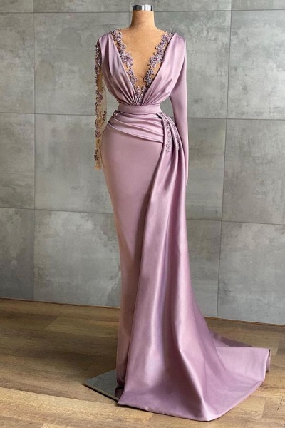 Simple Deep V-neck Long Sleeve Appliques Lace Floor-length Ruffles Mermaid Prom Dress_1