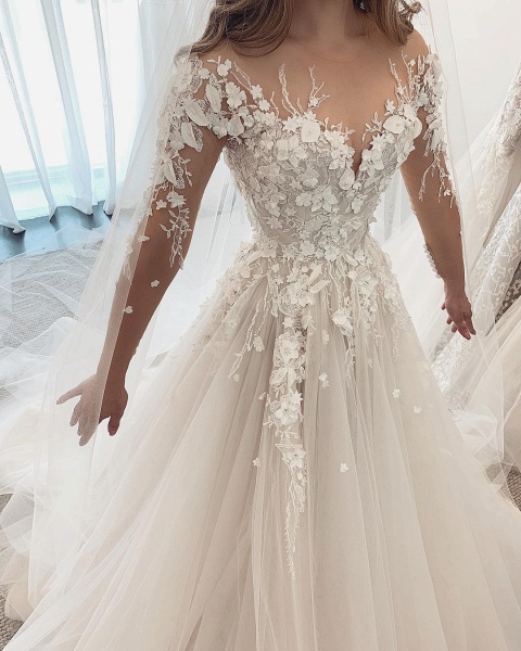 Elegant A-Line Sweetheart Long Sleeve Appliques Lace Tulle Wedding Dress_2