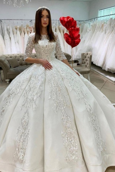 Gorgeous Bateau Long Sleeve Appliques Lace Floor-length Satin Princess Wedding Dress_1