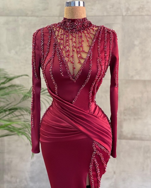 Vintage High Neck Long Sleeve Beading Floor-length Ruffles Mermaid Prom Dress With Split_2