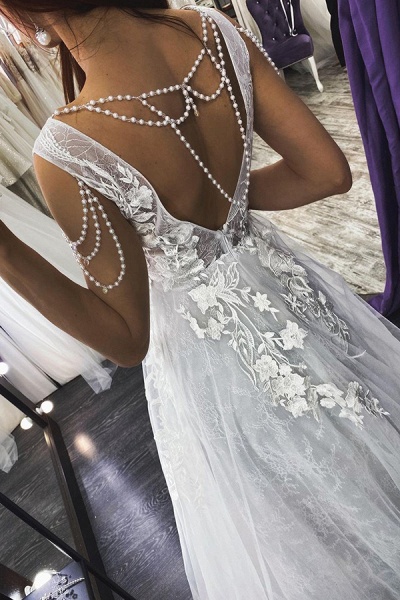 BC5753 Straps V-neck Appliques Pearls A-line Backless Wedding Dress_2