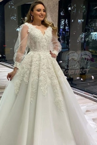 Unique A-Line V-neck Appliques Lace Tulle Wedding Dress With Puffy Long ...
