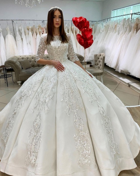 Gorgeous Bateau Long Sleeve Appliques Lace Floor-length Satin Princess Wedding Dress_2