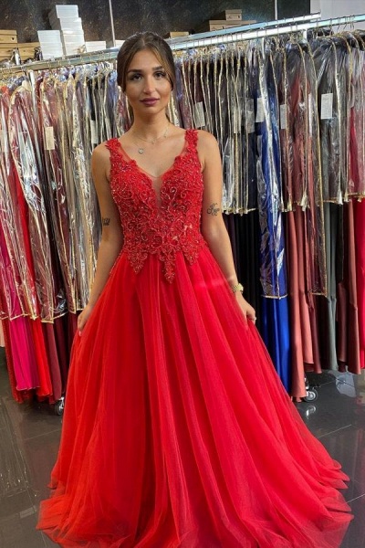 Beautiful A-line V-neck Appliques Lace Backless Tulle Floor-length Prom Dress_1