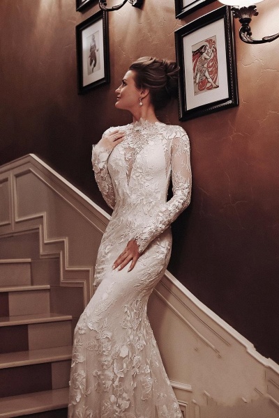 Unique Long Sleeve High Neck Appliques Lace Backless Mermaid Wedding Dress_2