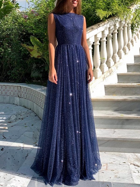 Simple A-line Bateau Floor-length Sequins Ruffles Prom Dress With Sequins_3