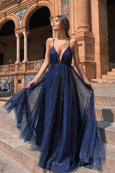 Sexy Spaghetti Straps Deep V-neck Open Back A-line Sequins Tulle Prom Dress_1