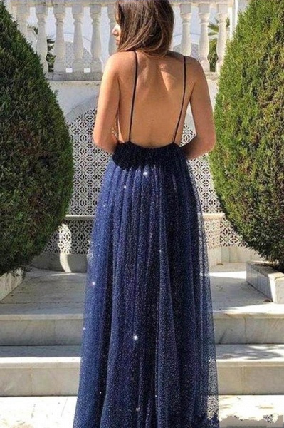 Sexy Spaghetti Straps Deep V-neck Open Back A-line Sequins Tulle Prom Dress_3