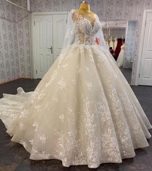 Vintage A-line Bateau Appliques Lace Sequins Tulle Floor-length Wedding Dress_2