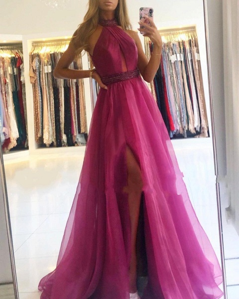Elegant Halter A-Line Floor-length Tulle Split Prom Dress With Sash_2
